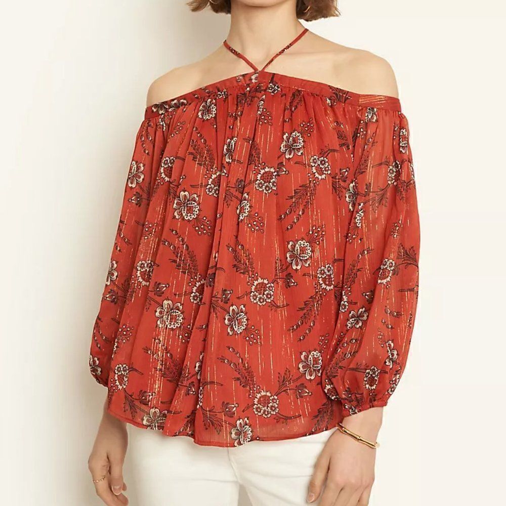 NWT Ann Taylor Rust Orange Floral Metallic Stripe Off The Shoulder Top